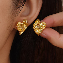 Golden Brass Stud Earrings, Texture Irregular Heart, Golden, 22x16mm