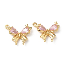 Розовый Латунные микро проложить кубического циркония подвески, без никеля , реальный 18 k позолоченный, бантом прелести, туманная роза, 15x19x6 мм, отверстие : 1.4 мм
