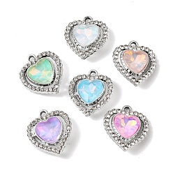 Platinum UV Plating Alloy Glass Pendants, Heart Charm, with Rhinestone, Faceted, Mixed Color, Platinum, 21x18.5x5.7mm, Hole: 1.8mm