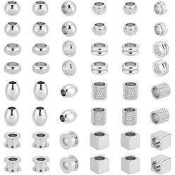 Нержавеющая Сталь Цвет 48шт 8 стиль 304 & 201 & 303 нержавеющая сталь европейские бусины, бусины с большим отверстием, рондель и рондель и куб, цвет нержавеющей стали, 7~10x7~10x4~8 мм, отверстие : 4~5 мм, 6 шт / стиль