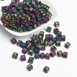 Mixed Color Opaque Acrylic Beads, Horizontal Hole, Cube with Letter, Mixed Color, 6x6x6mm, Hole: 3.5mm, about 3300pcs/500g