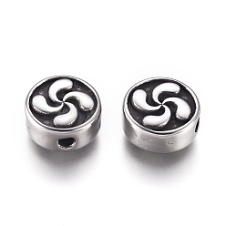 Antique Silver 304 Stainless Steel Beads, Flat Round with Windmill, Antique Silver, 9.8x4.8mm, Hole: 1.6mm