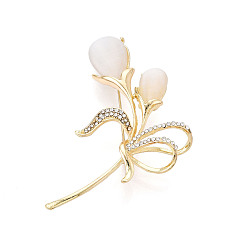 Золотой Брошь из цветочного сплава, со стеклянной имитацией кошачьего глаза и стразами, золотые, 53.5x46.5 мм