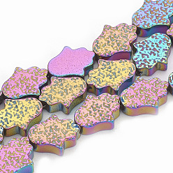 (966) Внутренний цвет Кристалл / Лиловато-лиловый на подкладке Гальванизировать немагнитных синтетический гематит бисер пряди, hamsa рука / рука fatima / рука miriam, с покрытием разноцветным, 12~13x10~11x4~4.5 мм, отверстие : 1.5 мм, около 32 шт / нитка, 15.7 дюйм