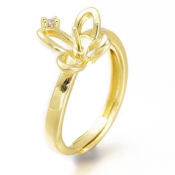 Золотой Регулируемые латунные колышки для пальцев, с микро проложить кубического циркония, за половину пробурено бисера, долговечный, цветок, прозрачные, золотые, размер США 7 1/4, внутренний диаметр: 17.6 мм, лоток : 10x10 мм