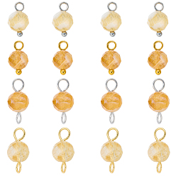 Yellow Quartz 16Pcs 4 Styles November Birthstone Natural Yellow Quartz Pendant and Connector Charms, Round, with Brass Findings, 11~14mm, Hole: 2~2.5mm, 4pcs/style