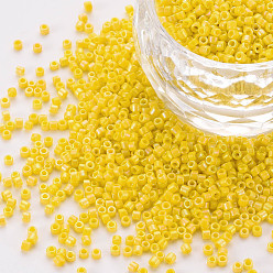 Yellow Frosted Glass Cylinder Beads, Seed Beads, Opaque Colours Rainbow, Round Hole, Yellow, 1.5~2x1~2mm, Hole: 0.8mm, about 8000pcs/bag, about 1pound/bag