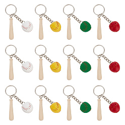 (52) Непрозрачная лаванда 12 шт 4 цвета мини-бейсбол брелок из искусственной кожи с деревянной бейсбольной битой, с железом найти, разноцветные, 82 мм, 3 шт / цвет
