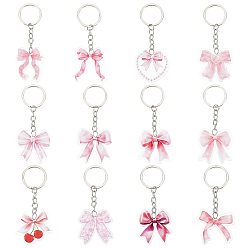 Бледно-Розовый 12шт. 12 стили брелоков-подвесок из акрила с бантиком, с железными разрезными брелоками, платина, розовый жемчуг, 94~102 мм, 1 шт / стиль