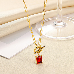 Красный 304 Кулон или ожерелье из нержавеющей стали с квадратным камнем-талисманом, инкрустированным кубическим цирконием., золотые, красные, 17.72 дюйм (45 см)