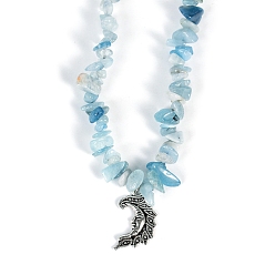 Aquamarine Natural Aquamarine Necklaces, with Alloy Charms, Moon Face, 14.57 inch(37cm)