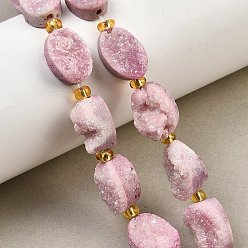 Бледно-Розовый Гальванизированные натуральные druzy кварцевые бисерные пряди, с бисером, Плоско-овальные, розовый жемчуг, 14~14.5x10~10.5x4.5~7.5 мм, отверстие : 0.7 мм, около 11 шт / нитка, 7.17~7.48 дюйм (18.2~19 см)