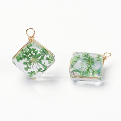 Green Inner Flower Glass Pendants, with Long-Lasting Plated Brass Findings, Nickel Free, Rhombus, Real 18K Gold Plated, Green, 20.5~21.5x15~16x8mm, Hole: 2.5x2mm