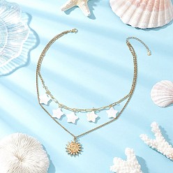 Золотой 304 Двухслойные ожерелья из нержавеющей стали с подвеской в виде луны, солнца и натуральной пресноводной ракушки в форме звезды для женщин, белые, золотые, 15.35 дюйм (39 см)