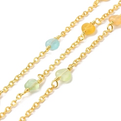 Mixed Color Handmade Cat Eye Beaded Chains, Real 18K Gold Plated Brass Cable Chains, with Spool, Cadmium Free & Lead Free, Heart, Mixed Color, Link Chain: 14x6x3mm, Heart: 14x6x3mm