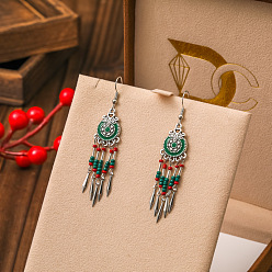 Зеленый Серьги-люстры с кисточками, выполненные из сплава и эмали в богемном стиле, со стеклянными бисеринами, античное серебро, зелёные, 50x15 мм