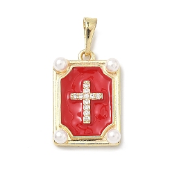 Красный Латунные микро проложить кубического циркония подвески, с эмалью и жемчужинами из АБС-пластика, долговечный, стойки покрытие, без свинца и без кадмия, прямоугольник с поперечными прелести, реальный 18 k позолоченный, красные, 20x13x4 мм, отверстие : 3x6 мм