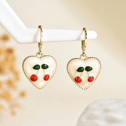 Белый Серьги-кольца из латуни с сердцем и вишней, реальный 18 k позолоченный, белые, 30x18 мм