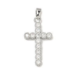Платина Латунные микропаве прозрачные подвески с фианитом, крест прелести, платина, 25x14x2 мм, отверстие : 2.5x4 мм