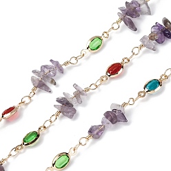 Аметист Латунные цепные цепи, со стеклянными и натуральными аметистовыми бусинами, долговечный, пайки, золотые, с катушкой, 13.5x5x2.5 мм, около 16.40 футов (5 м) / рулон