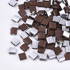 Coconut Brown FGB 2-Hole Glass Seed Beads, Half Platinum Plated Colours, Square, Coconut Brown, 5x4.5~5.5x2~2.5mm, Hole: 0.5~0.8mm, about 1180pcs/bag