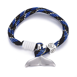 Black Mult-strand Bracelets, with Polyester & Spandex Cord Ropes , Alloy European Cube Beads, 304 Stainless Steel Pendants, Whale Tail Shape, Black, 7-5/8 inch(19.5cm)