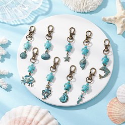 Антично-бронзовый и Голубо-патиновый 9 шт 9 стили океан тема сплав подвеска украшения, с бусинами из окрашенной синтетической бирюзы и поворотными карабинами из сплава, разнообразные, античная бронза и синяя патина, 69~85 мм, 1 шт / стиль