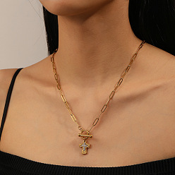 Золотой & Цвет Нержавеющей Стали Крест 304 кулон из нержавеющей стали с цепочкой-скрепкой или ожерельем для женщин, золотые и нержавеющая сталь цвет, 19.69 дюйм (50 см)