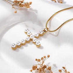 Золотой Вакуумное покрытие pvd 304 нержавеющая сталь и пластиковый жемчужный крест-подвеска круглая цепочка-змейка ожерелья для женщин, золотые, 15.83 дюйм (40.2 см)