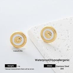 Round 304 Stainless Steel Enamel Stud Earrings for Women, Golden, Round, 14x14mm