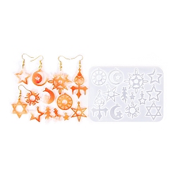 Белый DIY силиконовые формы кулон, формы для литья смолы, звезда и солнце, белые, 88x123x4 мм, отверстие : 1.5 мм