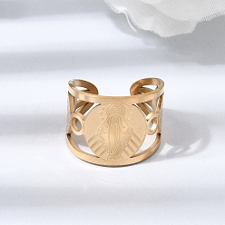 Золотой 304 открытые манжеты из нержавеющей стали для женщин, Дева Мария, ионное покрытие (ip), золотые, 15.5 мм, размер США 8 1/2 (18.5 мм)