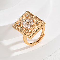 Белый Регулируемые кольца для женщин с микропаве из латуни и кубическими цирконами, квадратные с цветком, золотые, белые