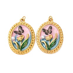 Pink 304 нержавеющей стальной эмали подвески, овальный с бабочкой и цветком, с пластиковым искусственным жемчугом и пластиковым кольцом для прыжков, ионное покрытие (ip), реальный 18 k позолоченный, розовые, 30x21x4 мм, отверстие : 2.5 мм