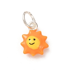 Orange Brass Enamel Pendants, Sun Charms, Platinum, Orange, 13.5x10x5mm, Hole: 5mm