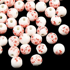 Red Floral Printed Porcelain Beads, Flower Patterned Ceramic Beads, Round, Red, 8mm, Hole: 2mm