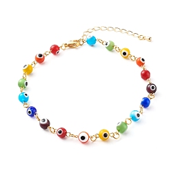 Colorful Brass Curb Chains Anklets, with Handmade Evil Eye Lampwork Beads and Brass Charms, Colorful, 9-7/8 inch(25cm)