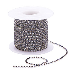 Jet Brass Rhinestone Strass Chains, with Spool, Rhinestone Cup Chain, about 2880pcs Rhinestone/bundle, Grade A, Silver Color Plated, Jet, 2mm, about 10yards/roll