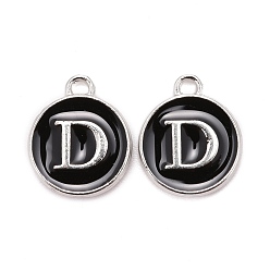 Letter D Platinum Plated Alloy Charms, Cadmium Free & Lead Free, with Enamel, Enamelled Sequins, Flat Round with Letter, Letter.D, 14x12x2mm, Hole: 1.5mm