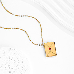 Golden 304 Stainless Steel Pave Cubic Zirconia Red Heart Envelope Pendant Necklaces for Women, Golden, 17.72 inch(45cm)
