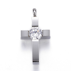 Нержавеющая Сталь Цвет 304 подвески из нержавеющей стали, крестик, с кубического циркония, цвет нержавеющей стали, 25x13x6.5 мм, отверстие : 3 мм