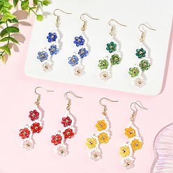 Mixed Color Flower Glass Seed Beaded Dangle Earrings, Brass Beads and 304 Stainless Steel Dangle Earrings, Golden, Mixed Color, 72~72.5x22~23mm