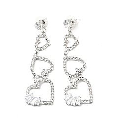 Сердце Длинные серьги-гвоздики с прозрачным кубическим цирконием и кристаллами со стразами, латунные серьги с 925 булавками из стерлингового серебра для женщин, платина, Сердце Pattern, 75 мм, штифты : 0.8 мм