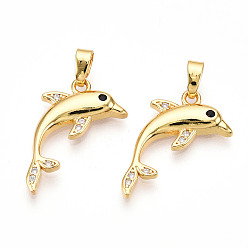 Настоящее золото 18K Латунные микро проложить кубического циркония подвески, без кадмия и без свинца, прелести дельфинов, реальный 18 k позолоченный, 21x17.5x3 мм, отверстие : 4.5x2 мм