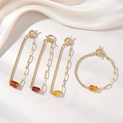 Настоящее золото 18K Прямоугольные браслеты из натуральных янтарных бусин., латунные браслеты из скрепок и цепочек панцирного плетения для женщин, реальный 18 k позолоченный, 7.68 дюйм (19.5 см)