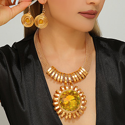 Golden Aluminum & Alloy & Acrylic Sunflower Statement Jewelry Set, Bib Necklace & Spiral Dangle Earrings for Women, Golden, 19.69 inch(50cm)