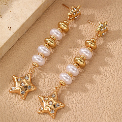 Звезда Серьги-гвоздики из сплава и хрустальных стразов, с имитацией жемчуга, золотые, звезда, 69x15 мм