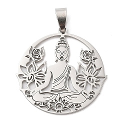 Нержавеющая Сталь Цвет 201 подвески из нержавеющей стали, плоский круглый с подвеской будды-йоги, лазерная резка, цвет нержавеющей стали, 36.5x37.5x1.5 мм, отверстие : 8x4 мм