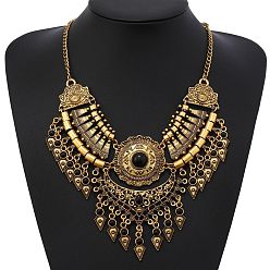 Черный Этнический стиль цинковый сплав паве синтетическая бирюза каплевидные массивные ожерелья нагрудник для женщин, античное золото , чёрные, 19.69 дюйм (50 см)