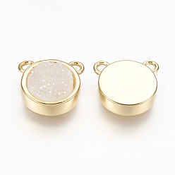 Ghost White Natural Druzy Agate Pendants, with Real 18K Gold Plated Brass Findings, Flat Round, Dyed, Ghost White, 13x14x4mm, Hole: 2mm